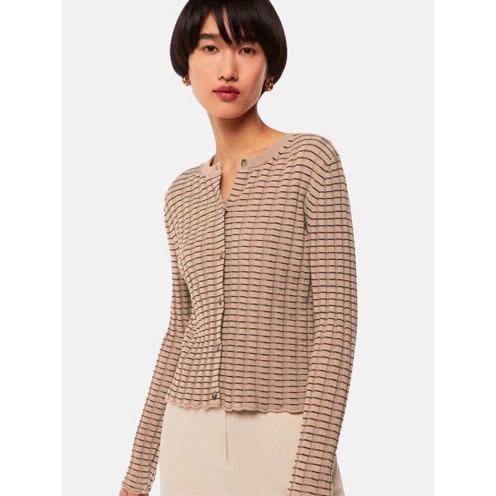 WHISTLES Carla Wide Rib Cardigan Beige Size Med